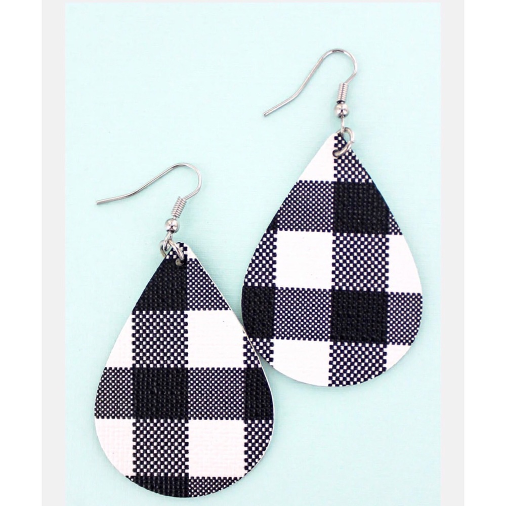 NEW Black and White Buffalo Check Faux Leather Teardrop Earrings